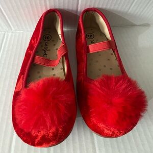Cat and Jack Toddler red velvet ballet flats with pom Poms size 10
